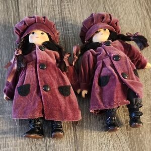 Charming Velvet Doll Pair with Burgundy Coats